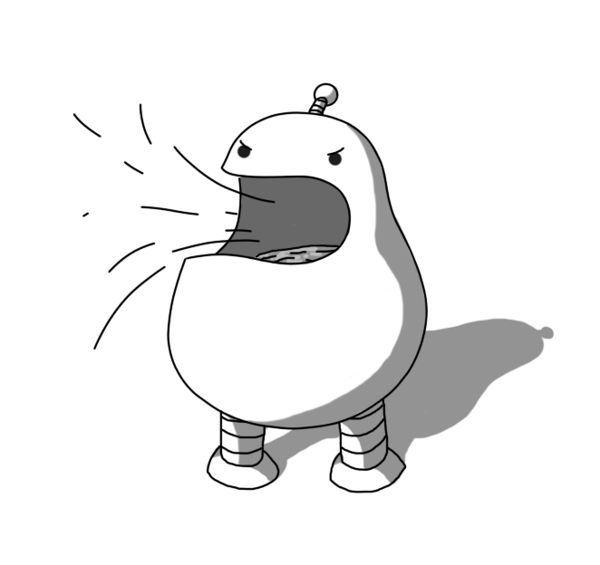 A pear-shaped robot with two banded legs and an antenna. It has a wide, open mouth, into which air is being drawn, indicated by motion lines. There is a rippling pool of water just visible at the bottom of its mouth and it has an angry expression on its face.