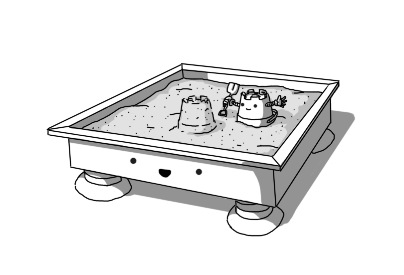 A robot in the form of a shallow, square sand pit (or sandbox), with four short, banded legs at each corner. Its face is on the forward facing side, below a narrow ledge that runs around its perimeter. Playing in the sand is Sandcastlebot (a robot in the form of a little castle-shaped bucket, holding a spade), that has made a sandcastle with itself and is regarding it proudly.
