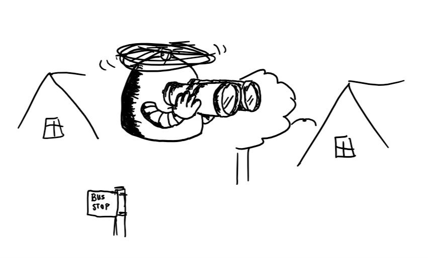 a dome-shaped robot with a helicopter on the top, hovering above a bus stop sign with trees and the gables of houses in the background. It holds a large pair of binoculars in its hands with it's peering through with a doubtful expression.