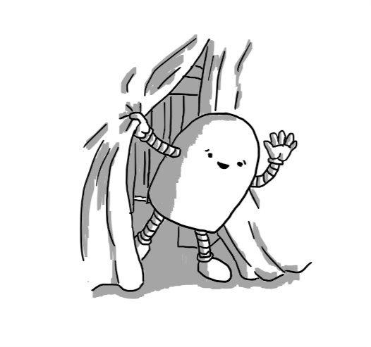 A round-topped robot pushing aside a sheet draped over what appears to be some dining room furniture, leaning out and waving.