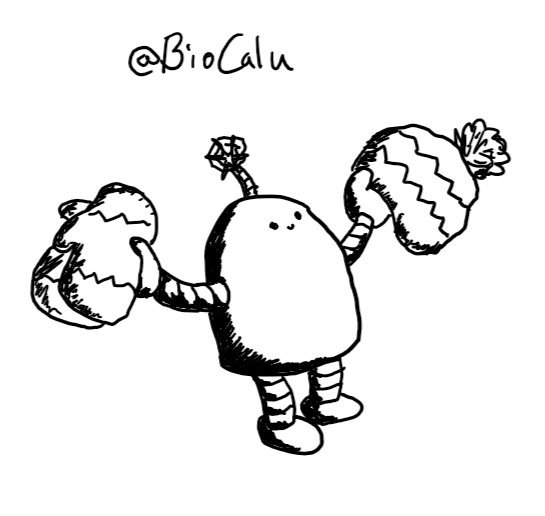 a small robot shaped like a squat cylinder with a rounded top holds out a pair of knitted, patterned mittens in one hand and a matching bobble hat in the other. the robot has a little smiling face high up on its body and a little antenna with a stylised snowflake on the end