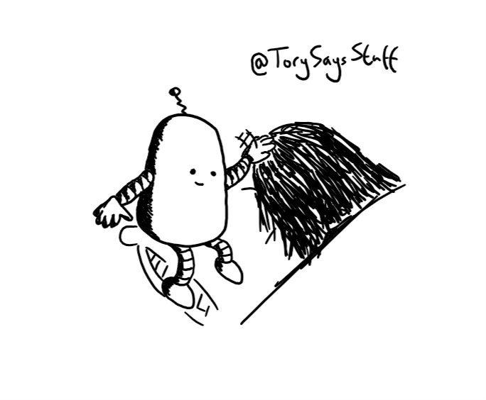 A robot shaped like a slightly angled cylinder with a round top, sitting on someone's pillow and patting them reassuringly on the head.