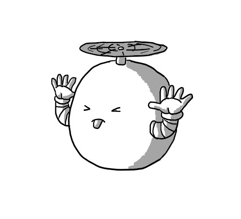 A spherical robot held aloft by a propeller on its top, sticking out its tongue and screwing its eyes shut while it holds its hands up to its ears and waggles its fingers.