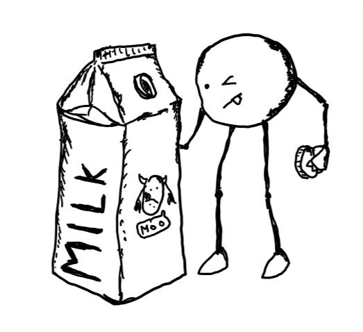 a spherical robot with long, jointed legs so it's tall enough to squint into a carton of milk. its tongue is sticking out in concentration.