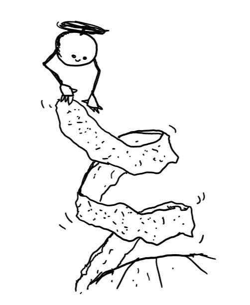 a spherical robot held aloft with a top-mounted propeller and with long, jointed arms. one hand is holding the end of a long, spiralling strip of orange peel being pulled from an orange. the robot is smiling.