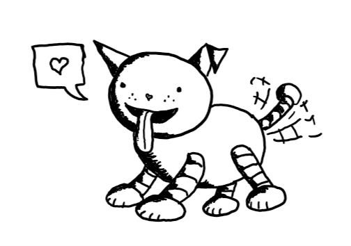 A robot shaped like a little dog with a big smiley face and a long tongue as well as a waggy tail. It has a speech bubble with a heart in it and its nose is also shaped like a little heart.