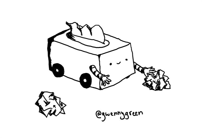 A robot in the form of a box of tissues with the dispenser on its top. It has four little wheels on the bottom and two banded arms, one of which is reaching for a scrunched-up tissue on the floor.