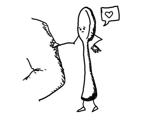 a robot shaped like a spoon with a concerned-looking face in the bowl. it's placing a comforting hand on someone's arm and has a speech bubble with a heart in it.