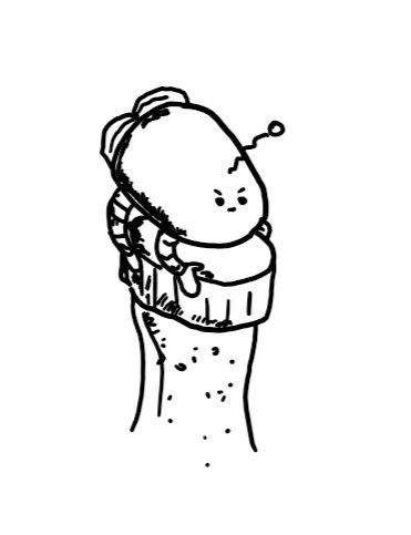 A small robot shaped like a capsule on its side with rocket boosters at the back. It has four arms on the bottom side which are clamped down on a screw cap for a bottle full of something fizzy. Its expression is determined and it has a small antenna.
