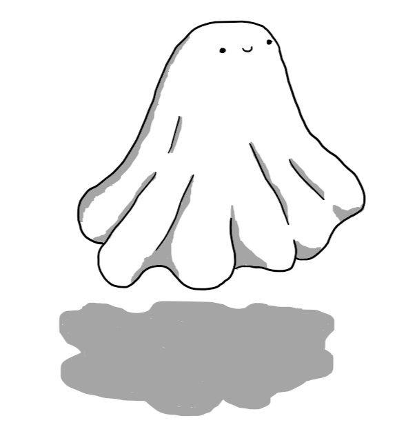 A hovering robot like a sheet draped over something round, with a smiley face on the front.