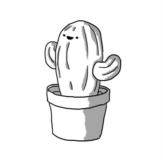 A little robot in the form of a potted cactus with a little happy face near the top.
