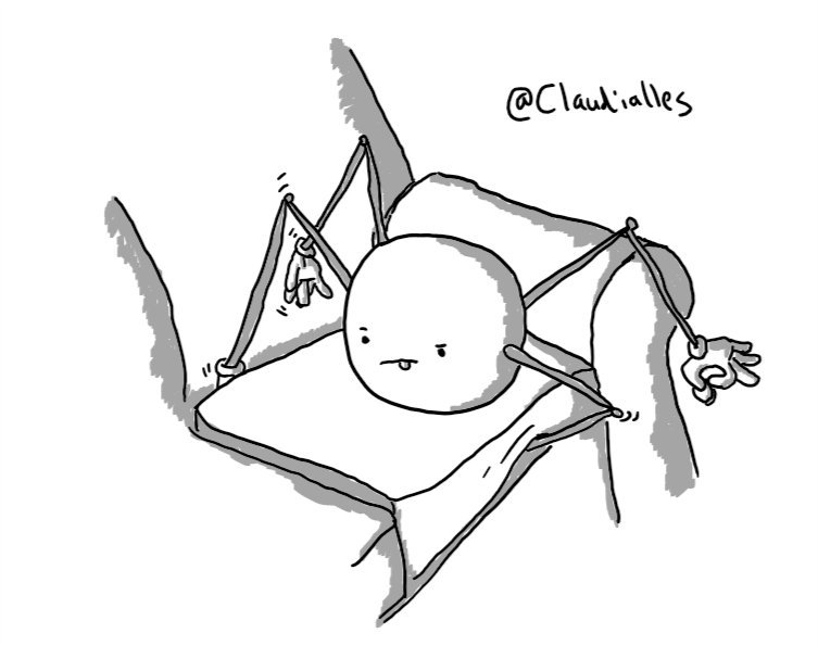 A largish spherical robot with four long, jointed arms and no legs. It's perched on a sofa cushion with one hand down the back, one hand going underneath, one grasping a coin and the other hovering, its fingers waggling in anticipation. Its expression is one of utmost concentration, complete with little tongue sticking out.