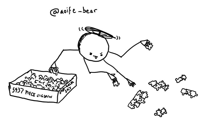 A spherical robot held aloft by a propeller, with four long, thin jointed arms. Three of its hands are working on a few sections of a partiality-assembled jigsaw while the fourth is reaching into a box of pieces labelled "5437 PIECE JIGSAW" on one side and "EAST-ANGLIA SKY" on the other. The robot has an expression of intense concentration with its little tongue sticking out.