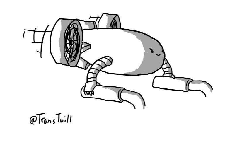 A robot shaped like a blimp with dorsal and ventral fins at the back and two large, semi-enclosed fan engines on either side. It has a slightly worrying smile on its little face and is gripping the handles of a wheelchair with its banded arms as it zooms forward.