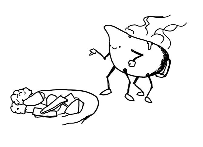 a robot gravy boat with four jointed legs and two jointed arms points hopefully at a roast dinner.