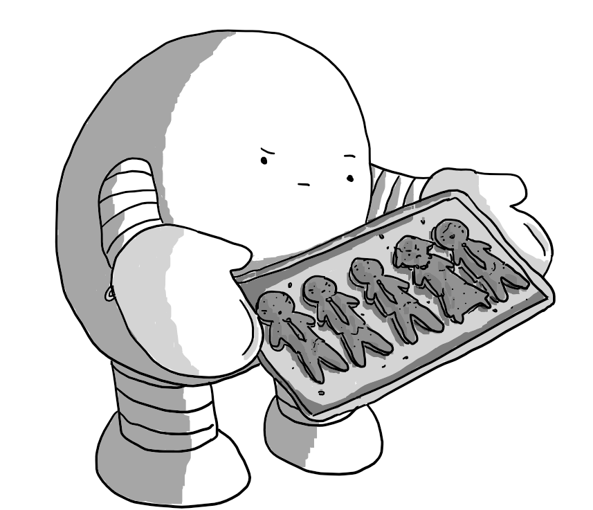 An ovoid robot wearing oven mitts frowns down at a tray of gingerbread folk, all with grumpy faces and standing with their legs spread.