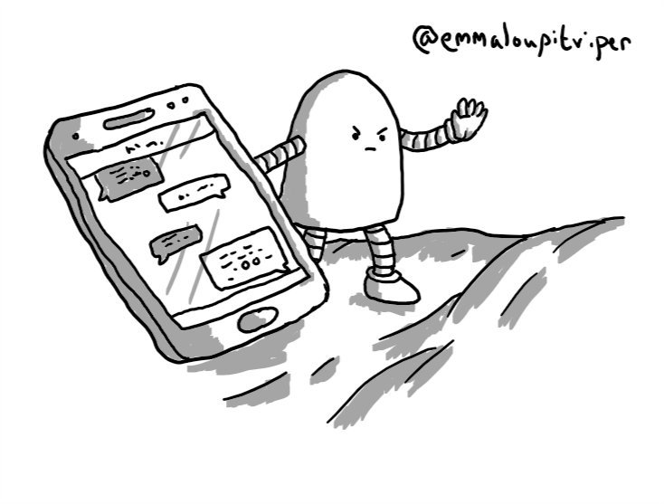 A rounded robot standing atop some bedsheets, propping up a phone with one hand while holding out its other hand and making an angry face to prevent touching.