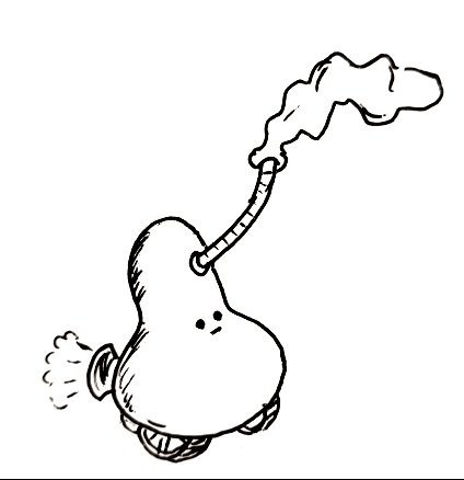 A robot with a shape akin to a butternut squash. Coming from its forehead is a long tube which is attached to a deflated balloon. A pipe at the robot's... uh... rear side is releasing the gas extracted from the balloon back into the atmosphere.