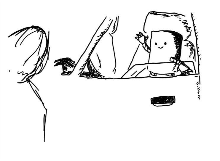 a cylindrical robot leaning out of a car window and waving to a pedestrian with a smile on its face.