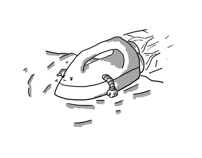 A little robot in the form of an iron with arms and rocket boosters at the back. It's zooming over some creased fabric with a determined expression on its face, one hand clenched into a fist and the other pointing straight forward as if identifying its next target.