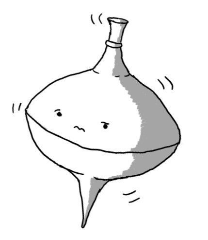 A robot in the form of a child's spinning top, wobbling from side to side with a nauseous look on its face.