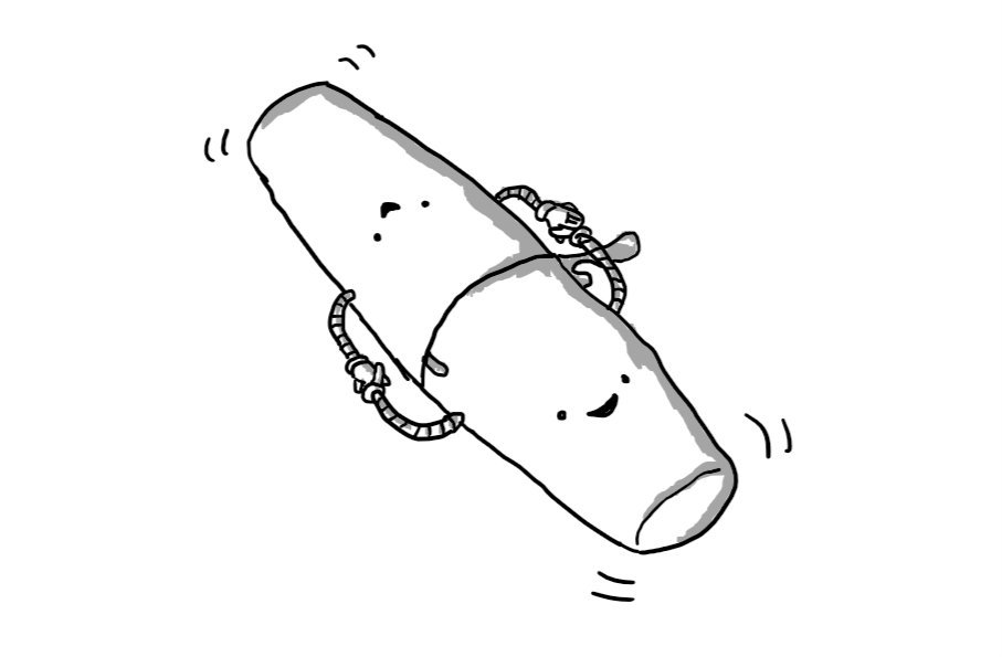 Two robots shaped like cocktail shakers, each with two little arms holding hands to keep their ends together as they move. Both robots are smiling happily, but some fluid is spilling out of the join between them.