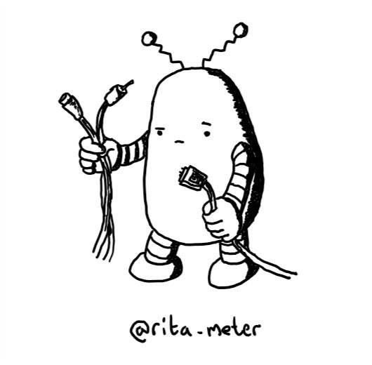 A robot shaped a bit like a pear or aubergine with two antennae like old-fashioned 'bunny ears' TV aerial on its top looking quizzically between several cables held in each hand.