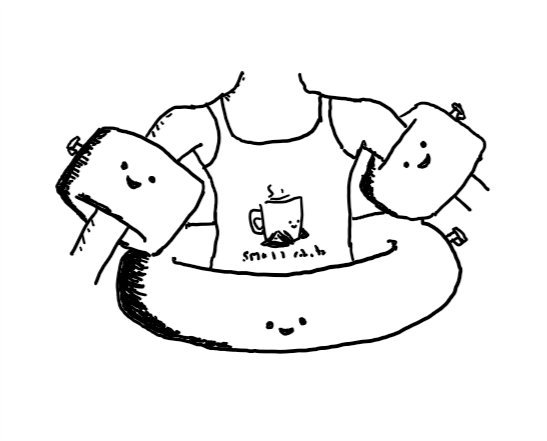 a child (wearing a swimming costume with a picture of Teabot on it) has inflatable armbands and a rubber ring that are actually small robots with little happy faces