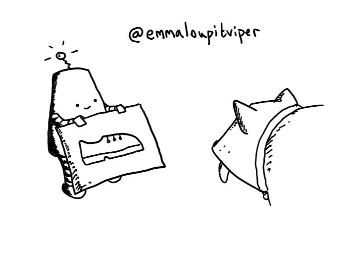 A conical robot with a flat top and a blinking antenna holding up a picture of a shoe in front of a dog.