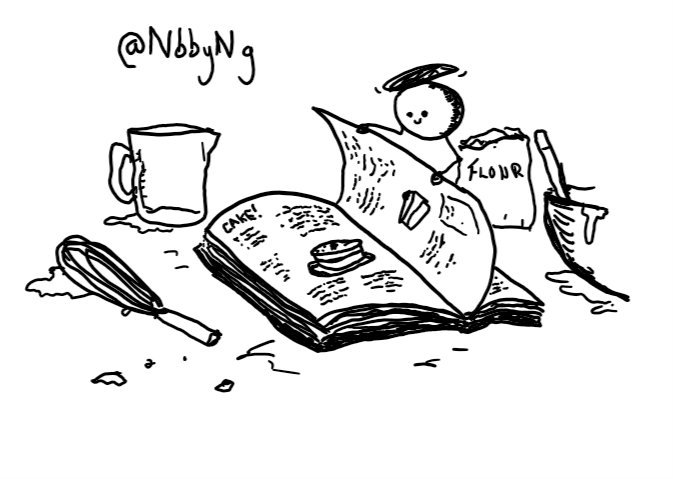 a small spherical robot with a propeller and jointed arms turns the page of a cook book while surrounded by baking carnage, including a whisk, a measuring jug, an open bag of flour and a mixing bowl, all covered in gooey mess.