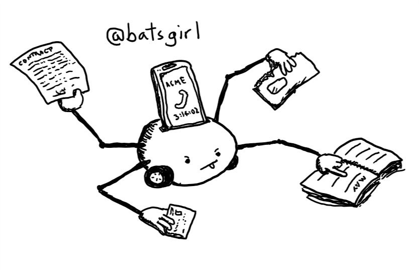 a round robot with wheels and an expression of intense concenteation. a slot in its top holds a phone that is mid-call (a timer shows 3 hours and 14 minutes have elapsed) while its four jointed arms hold a contract, an open envelope, a diary open on the month of May and a bank card.