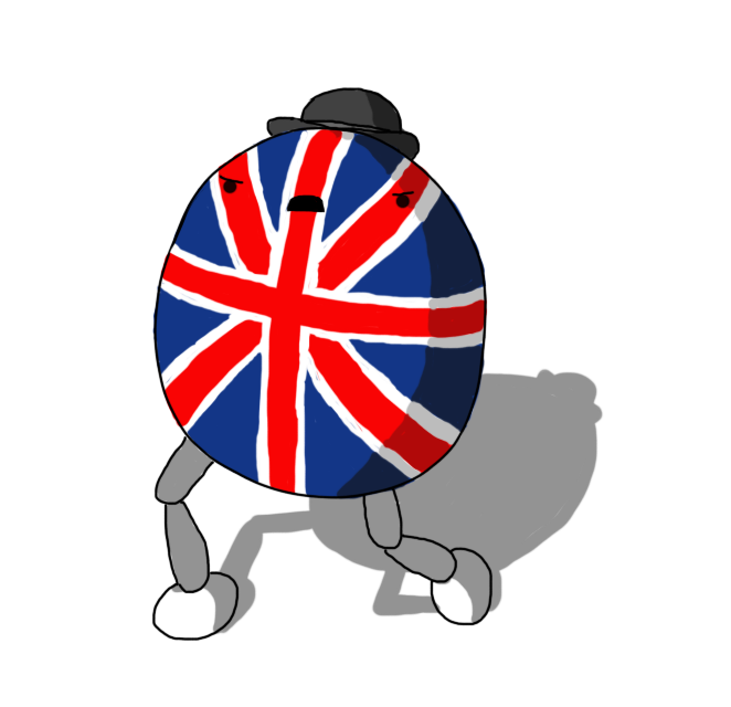 An ovoid robot with jointed legs, wearing a bowler hat. Its surface is painted to resemble a Union Flag and it has an expression of anguished fury on its face.