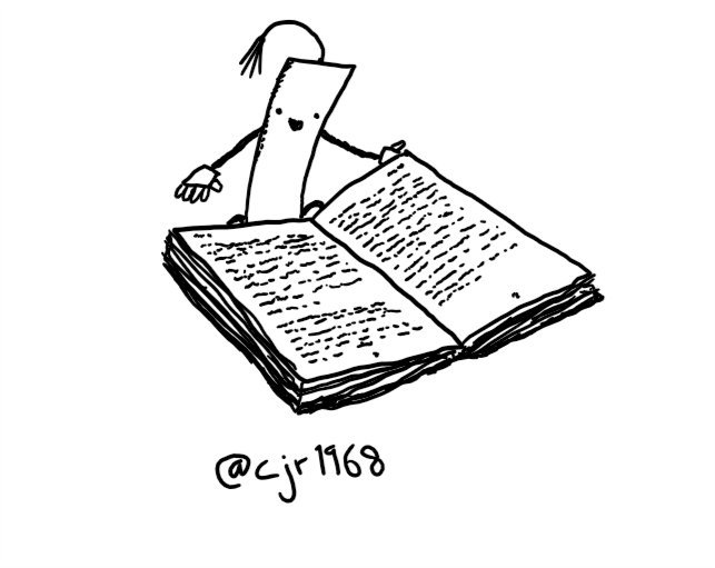 a flat, rectangular robot with a tassel for an antenna, cheerfully holding a book open