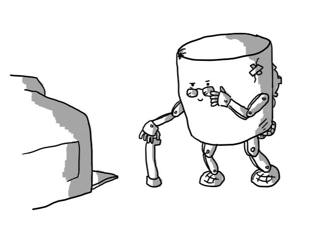 A robot shaped like a tapered cylinder with arms and legs made of bolted-together struts. A cluster of cogs and wires is visible on its back and its casing is scuffed and has a patched-over crack. Its feet are patterned like tartan slippers, it has a walking stick and is peering over a pair of glasses at a fax machine.