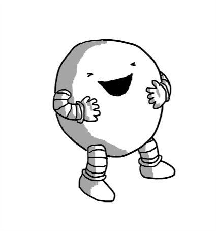 A round robot laughing uproariously, hands pressed against its body.