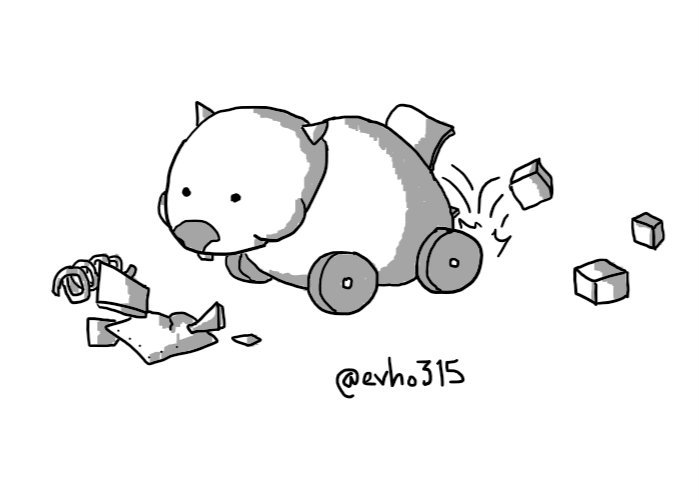 A robot that looks like a wombat with wheels instead of legs. It's eating some bits of scrap metal while a hatch at its rear drops little cubes on the floor.