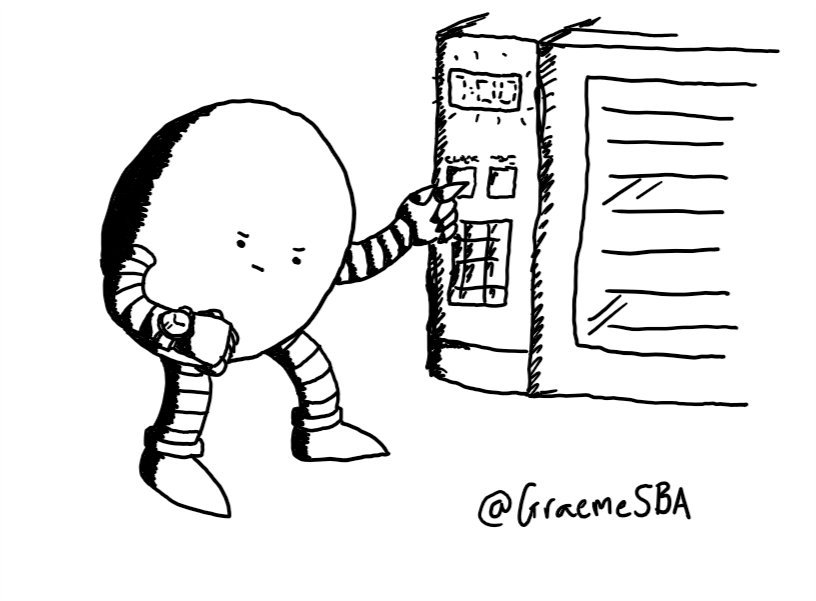 An ovoid robot looking down at its wristwatch (set to 8 o'clock) as it presses a button on a microwave to change a flashing digital display that reads '7:00'.