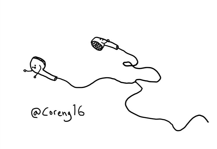 a pair of earphones, connected by a wire. each ear bud is a little robot with its face pointing outwards on the main bulbous part and two little arms on either side.