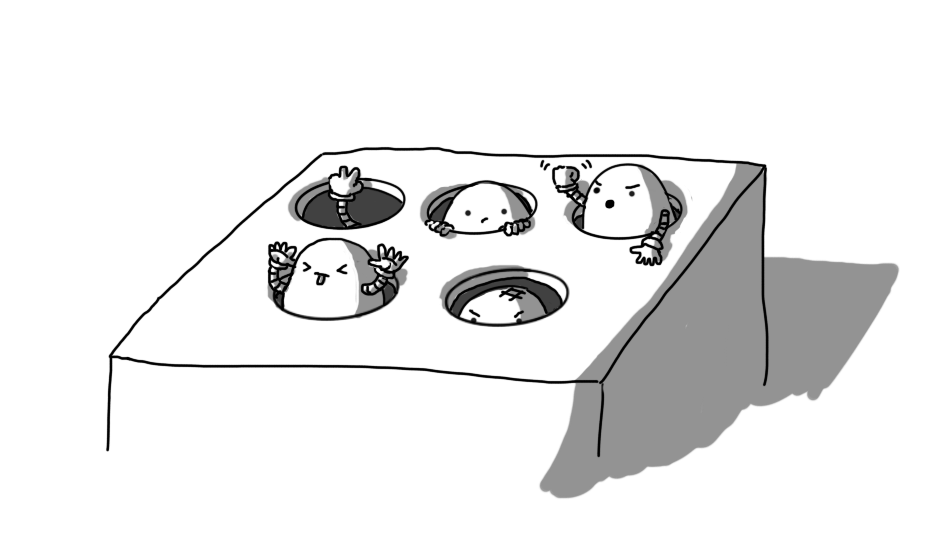 A version of the classic "whack-a-mole" arcade game featuring five round-topped robots as the eponymous critters. They are emerging from a cube with five holes in the top, arranged in two rows, three holes at the back and two at the front. Each robot has banded arms and they're making various faces and gestures: one's sticking out its tongue and waggling its hands at the side of its head, one (which seems to have received a recent bopping) is glaring angrily from within the hole, one is leaning out shaking its fist and one is peeking out uncertainly, its hands gripping the edge of its hole. Finally, one in the back corner is invisible but for one arm, which is extended and making a 'V' gesture.