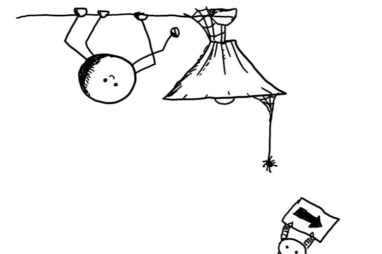 a spherical bot with four jointed, spindly legs hanging upside-down from a ceiling and smiling cheerfully. it approaches a ceiling lamp with a cobweb stuck to the shade which one of its feet is reaching towards. a spider hangs from the opposite side of the lamp and Spiderbot is just visible at the bottom of the frame directing it away with an arrow on a sign.