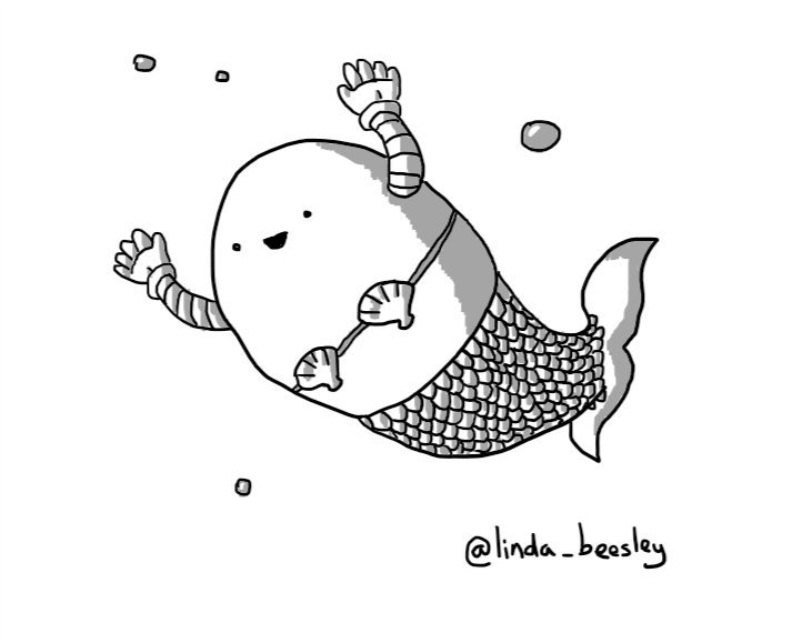 A rounded robot with a scaled mermaid's tail, swimming through the water. It has a happy face and is inexplicably wearing a little clamshell bra.