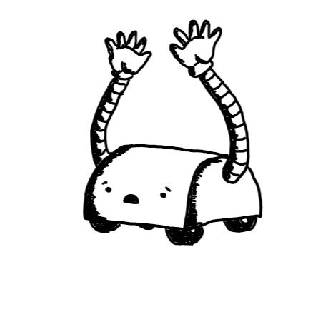 A semi-cylindrical robot with four small wheels on its bottom side and two long, snaking arms on either side, reaching up as if to catch something. Its face on the front looks alarmed.