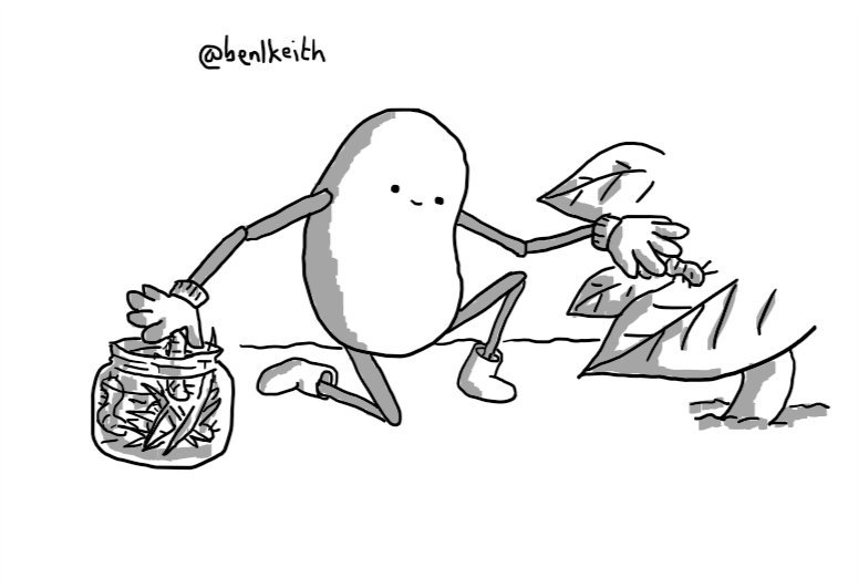 A bean-shaped robot with jointed arms and legs, wearing little boots and gardening gloves. It's kneeling in a field, plucking a caterpillar from a leaf while depositing another in a small jar filled with bits of grass and a few other caterpillars.