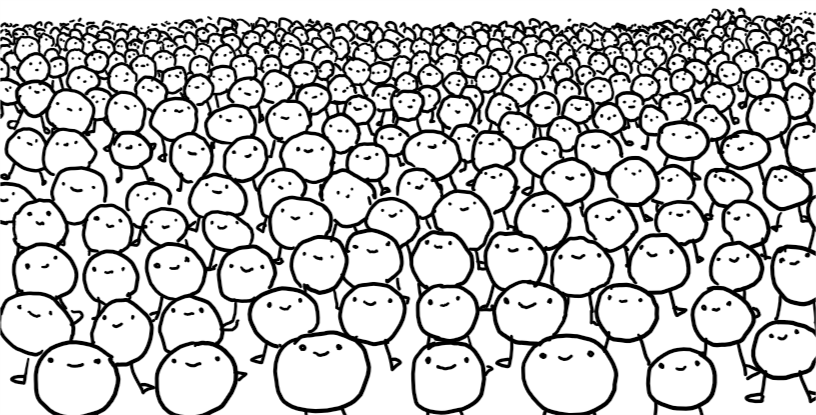 Many, many spherical robots with spindly legs, all lined up together and smiling inanely.