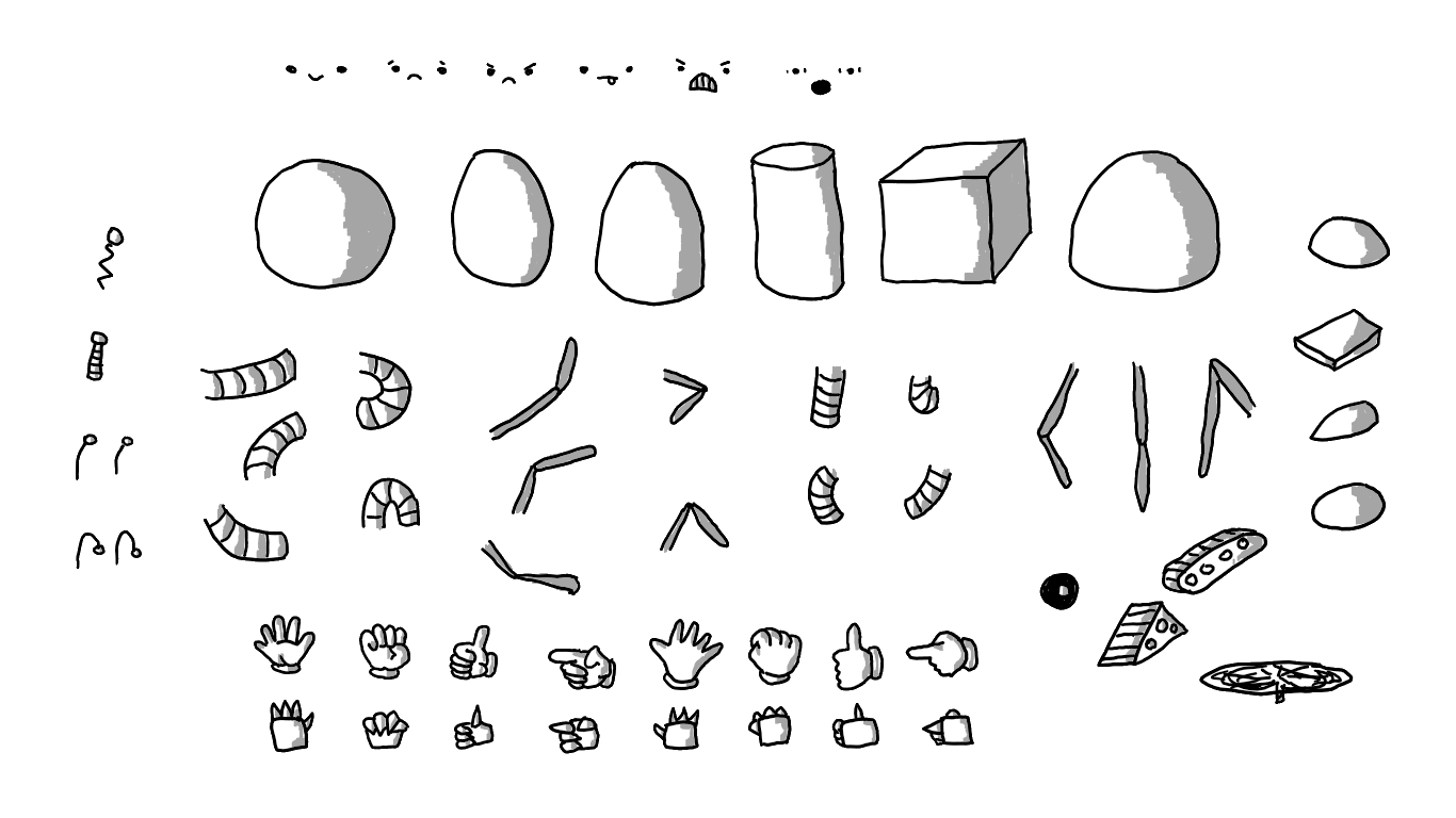 Many small robot parts, including various solid shapes for bodies, arms in different positions, hands, feet, tracks, wheels, antennae and a propeller. Also has a selection of facial expressions.