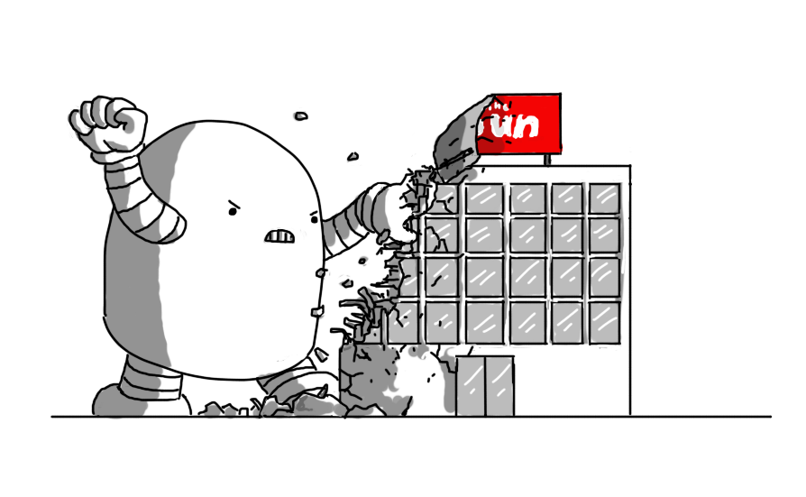 A large, round-topped robot with banded arms and legs, angrily demolishing an office building with a red sign on the roof that has the partially-visible logo of The Sun newspaper on it.