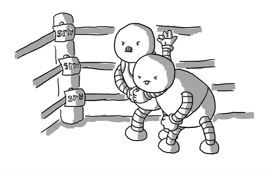 Two humanoid robots in a wrestling ring: one has the other in a headlock. The one being held has its eyes screwed shut and its tongue sticking out, while the aggressor looks very angry.