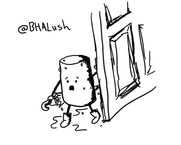 a cylindrical robot wearing little boots and carry an umbrella pushing open a door. it has an alarmed expression on its face and is covered in raindrops. a large puddle is forming at its feet.