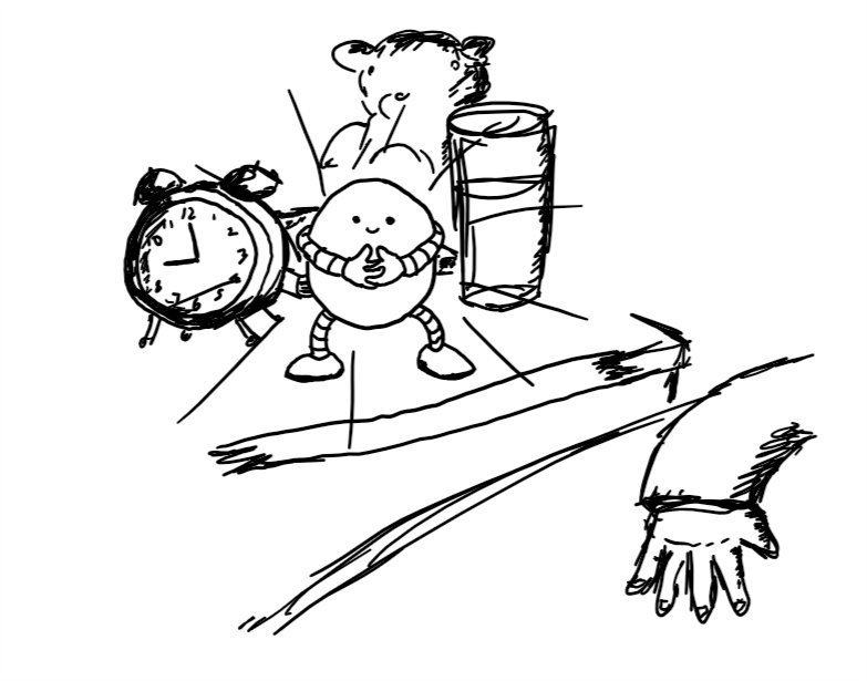 a round robot standing on a bedside cabinet with an old-fashioned alarm clock on one side, a glass of water on the other and a teddy bear in the background. the robot is smiling with its hands folded across its middle and giving out a bright glow. beside the cabinet, a child's hand is visible resting on the covers.