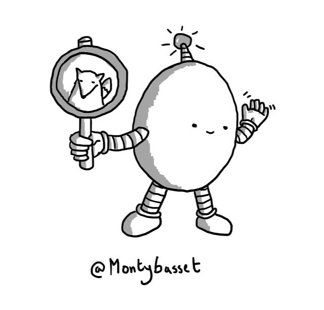 An ovoid robot holding a sign with a picture of a fox on it, beckoning as an antenna on its head flashes.